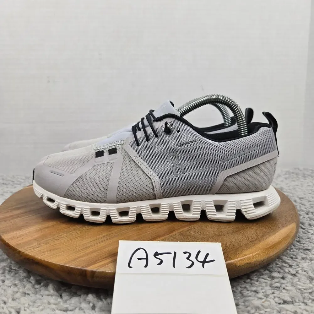 On Womens 7.5 Cloud 5 Waterproof Glacier Gray White Athletic Gym Running Shoe